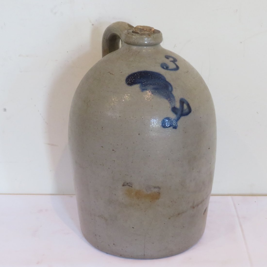 3 gal. early stoneware semi-ovoid jug w/blue decor leaf (1 of 5)