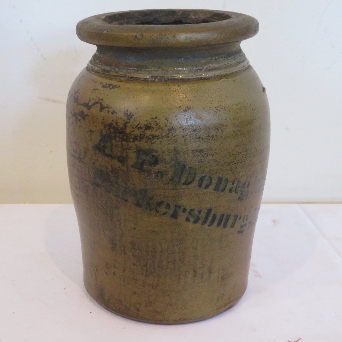 Stoneware wax sealer, A.P. Donaghho, Parkersburg, W.Va.: Stoneware wax sealer, A.P. Donaghho, Parkersburg, W.Va., back has painted red head duck in marsh, 9"H x 5"D