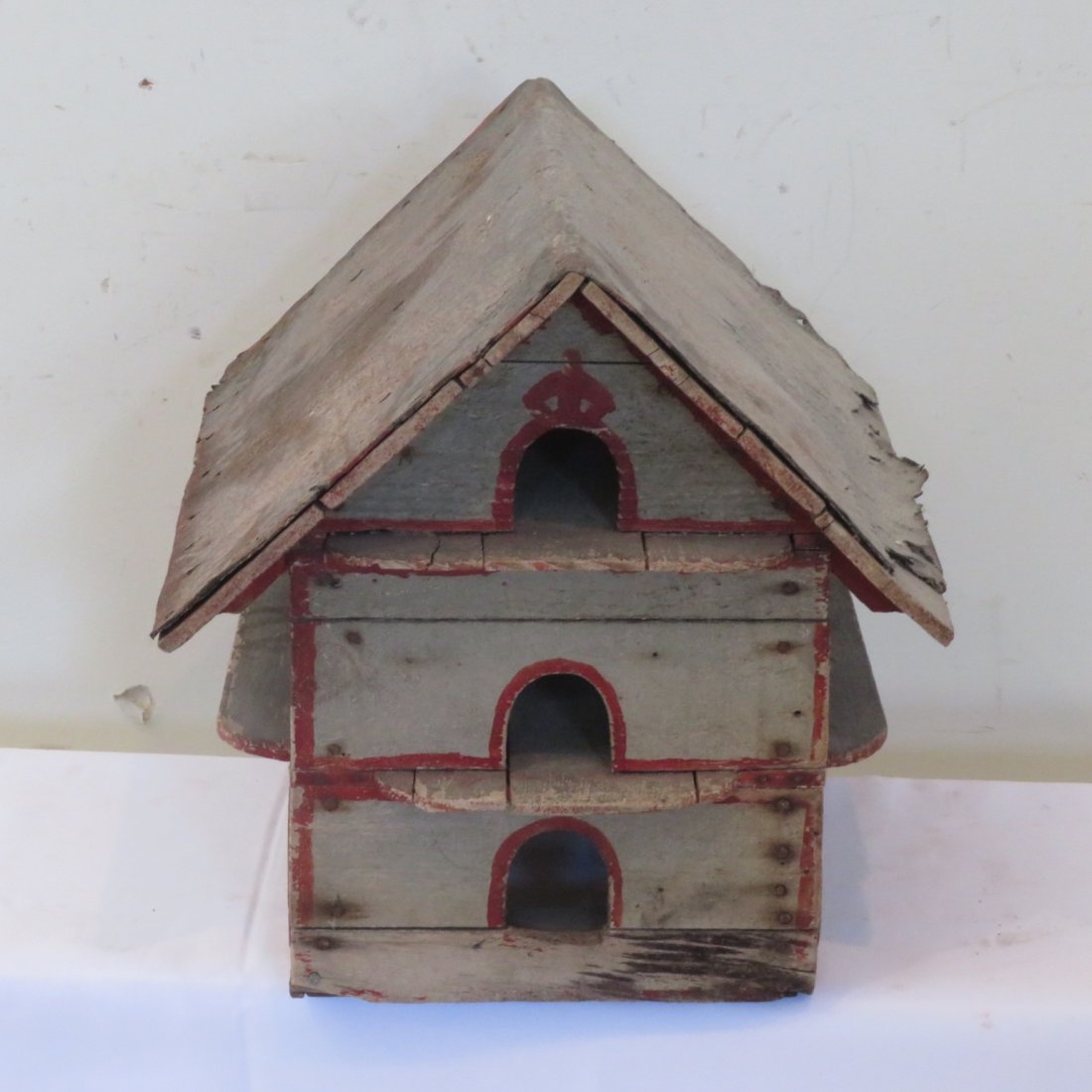 Folk art bird house in old gray and red paint (1 of 3)