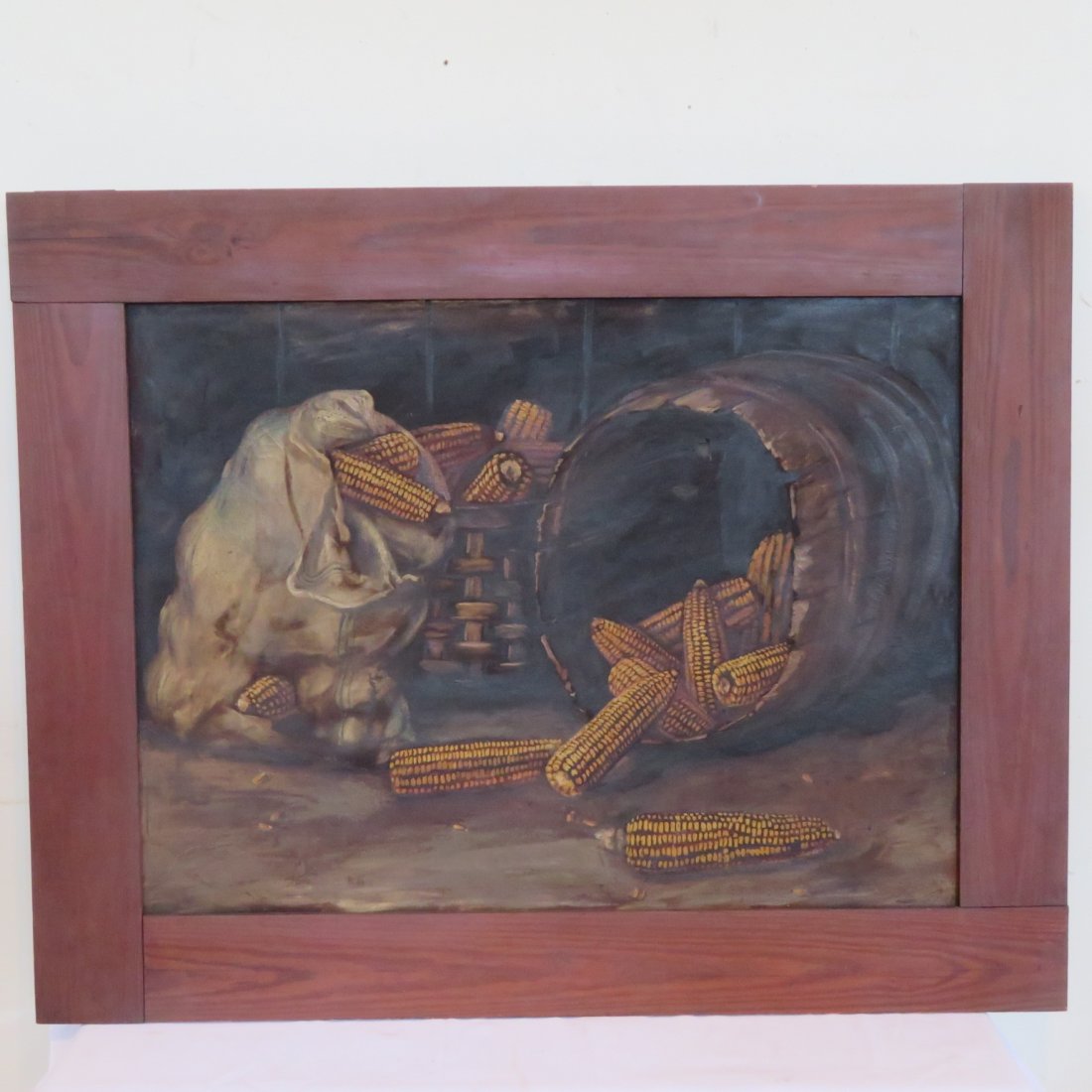 Alfred Montgomery corn painting (1857-1922) unsigned: Attributed to Alfred Montgomery corn painting (1857-1922) unsigned, oil on canvas, has raised kernels on corn, includes basket, barrel, and gunny sack in original pine frame, sight is 28"H x 38"W, ove