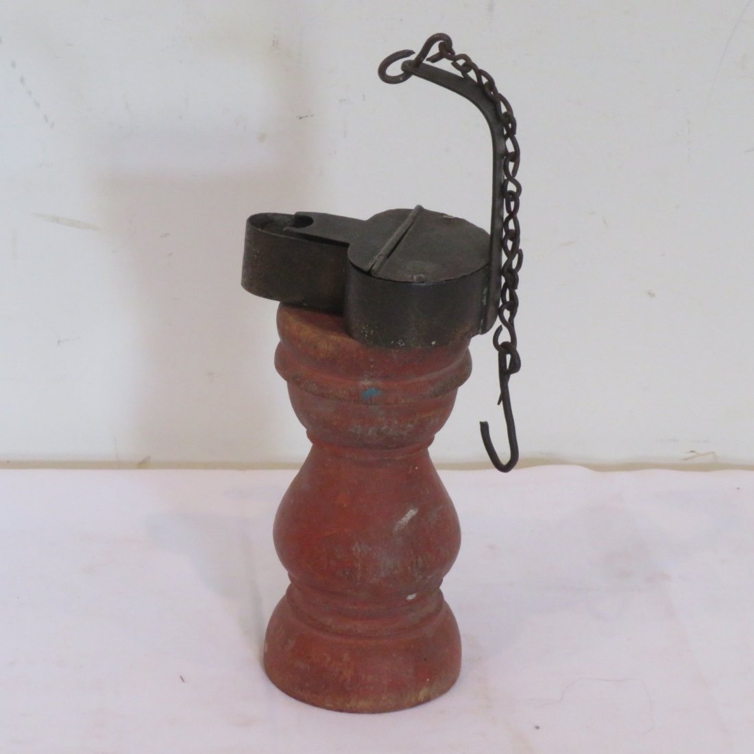 Early iron betty lamp with wood lamp stand (1 of 7)