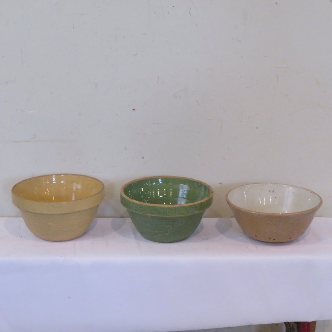 2 pottery crock bowls and one colander (1 of 5)