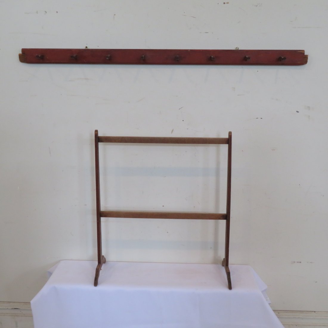 Wood peg bracket in old red paint and herb drying rack (1 of 4)