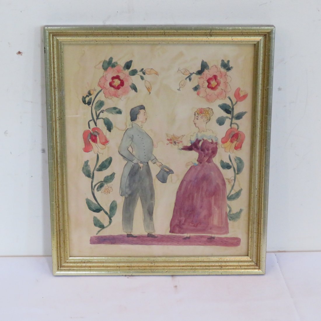 Watercolor of a couple, possibly for marriage: Old watercolor of couple, she's holding a bird and he's holding a top hat, sight is 12.5"H x 10.5"W