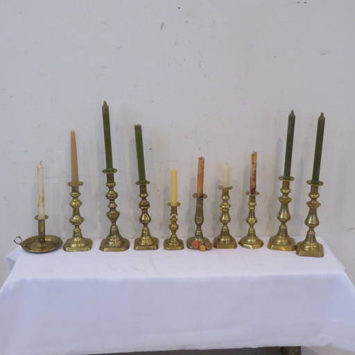 9 Period Brass Candlesticks Many With Push Ups