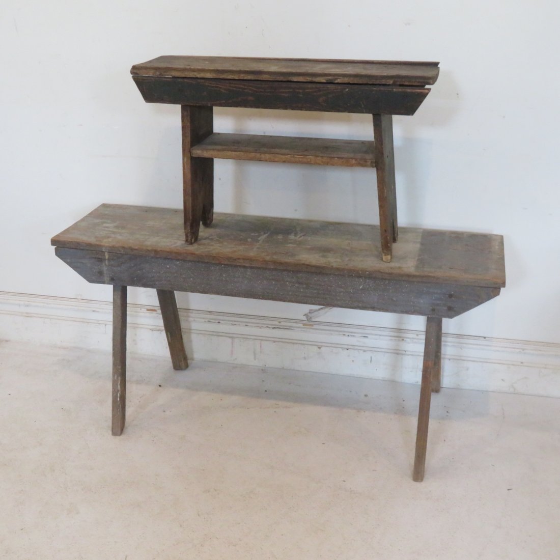 2 pine wood benches in old paint (1 of 5)