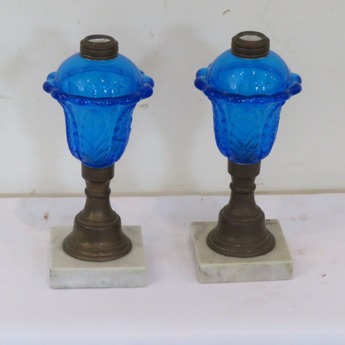 Pair of early blue oil lamps (1 of 4)