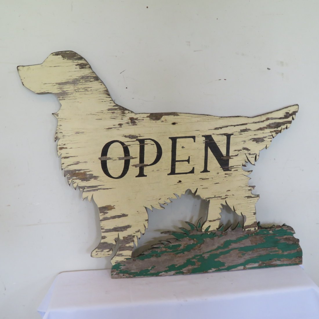 Wooden "Open" sign shaped like hunting dog (1 of 3)