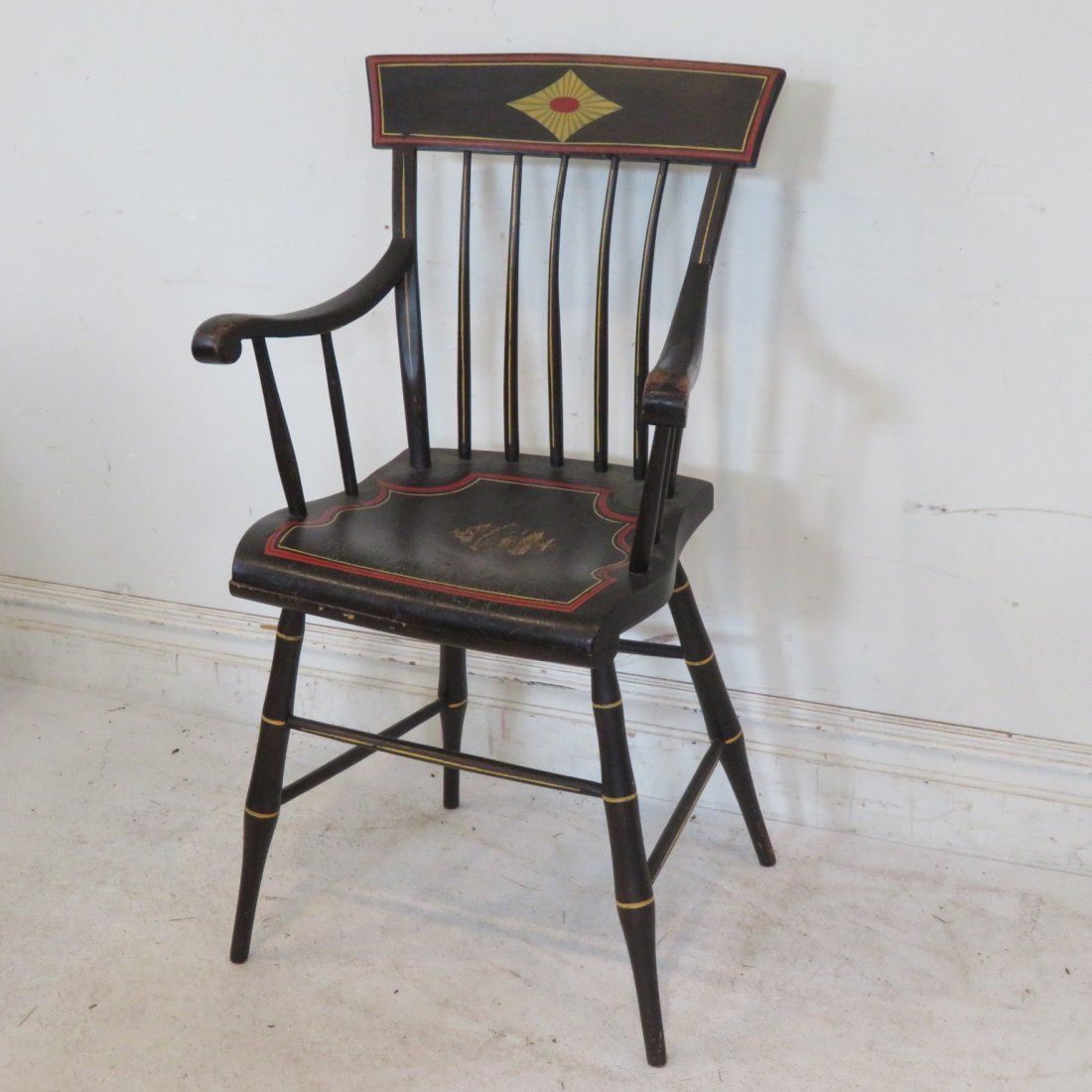 Paint decorated weaver's arm chair: Paint decorated weaver's arm chair, 41"H, seat is 18" x 18", seat height is 21"