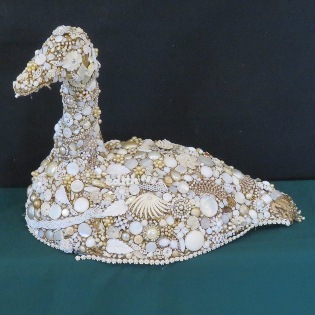 Edith's costume jewelry goose: Edith's costume jewelry goose, 15"H x 18"L x 11"W
