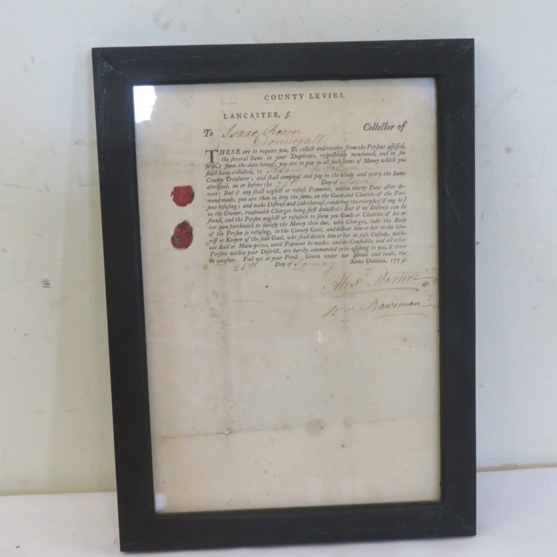 Framed Lancaster County, PA, colonial tax levy (1 of 3)