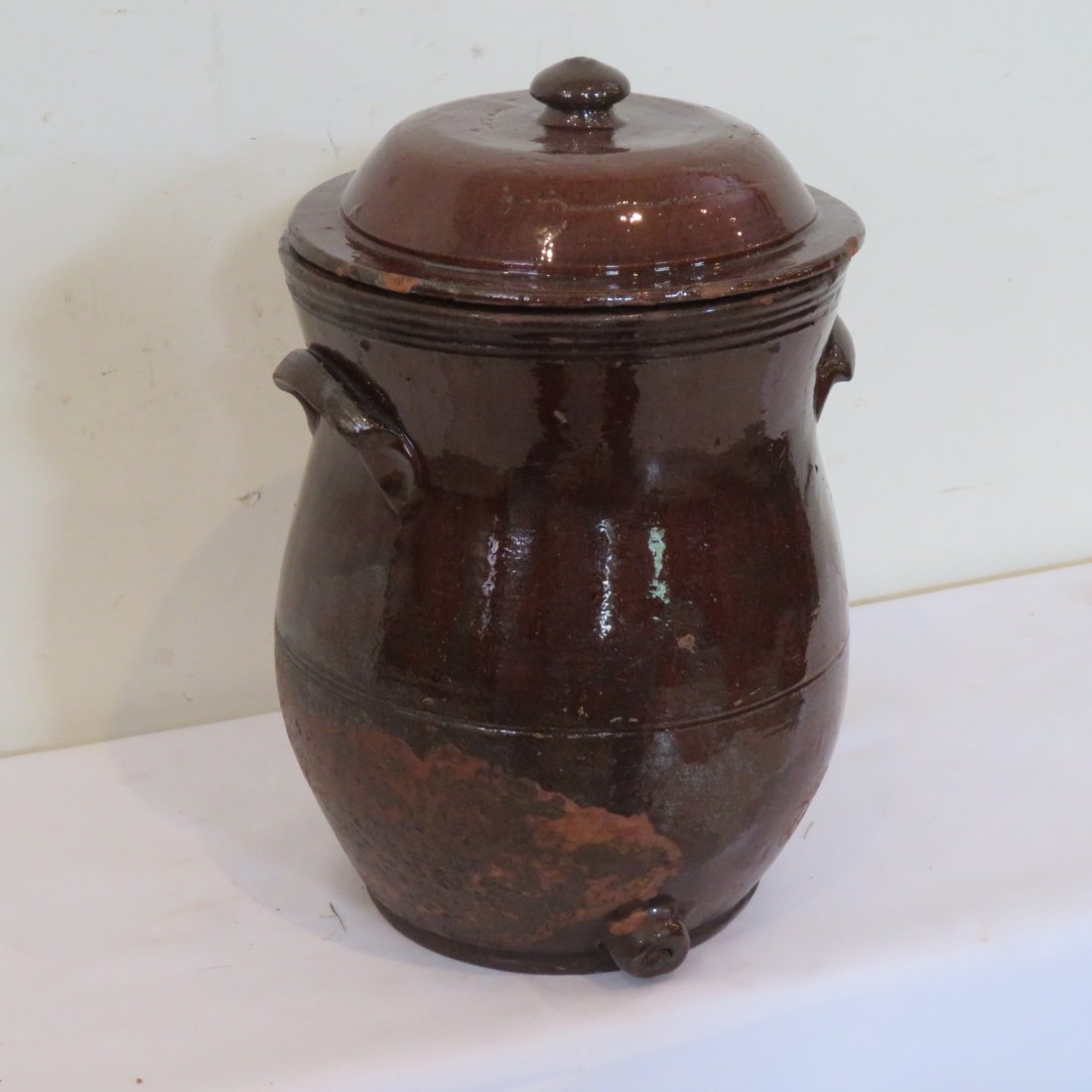 Redware water cooler with lid: Redware water cooler with lid, albany slip, 11.5"H x 7.5"D