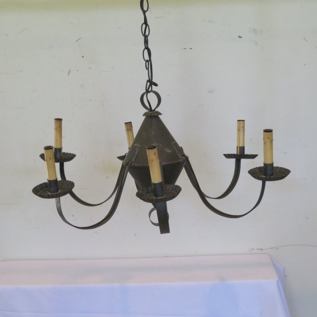 Reproduction tin electric hanging fixture: Tin reproduction tin 6 arm electric hanging fixture, center is 14" tall and overall diameter is 28", nice patina to tin