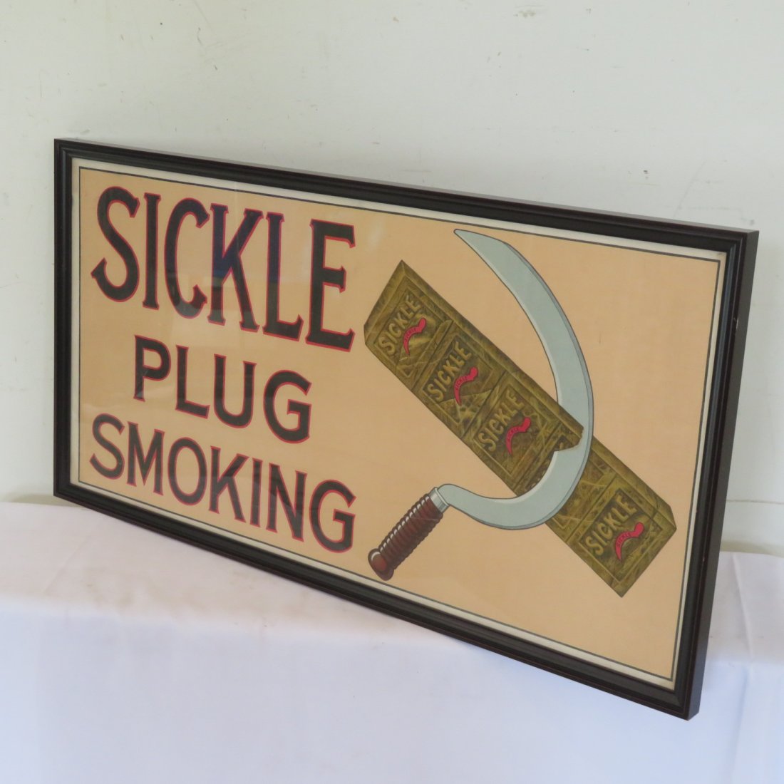 Advertising sign for Sickle Plug Smoking: Advertising sign for Sickle Plug Smoking in contemporary frame, 17"H x 35"W