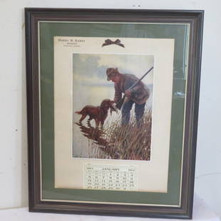 1913 Calendar with Duck Hunter: 1913 calendar for Harry M. Ramey, Insurance, Little Rock, Arkansas, artist signed print copyright 1911 of duck hunter with his dog retrieving duck, overall with frame 26" x 32"