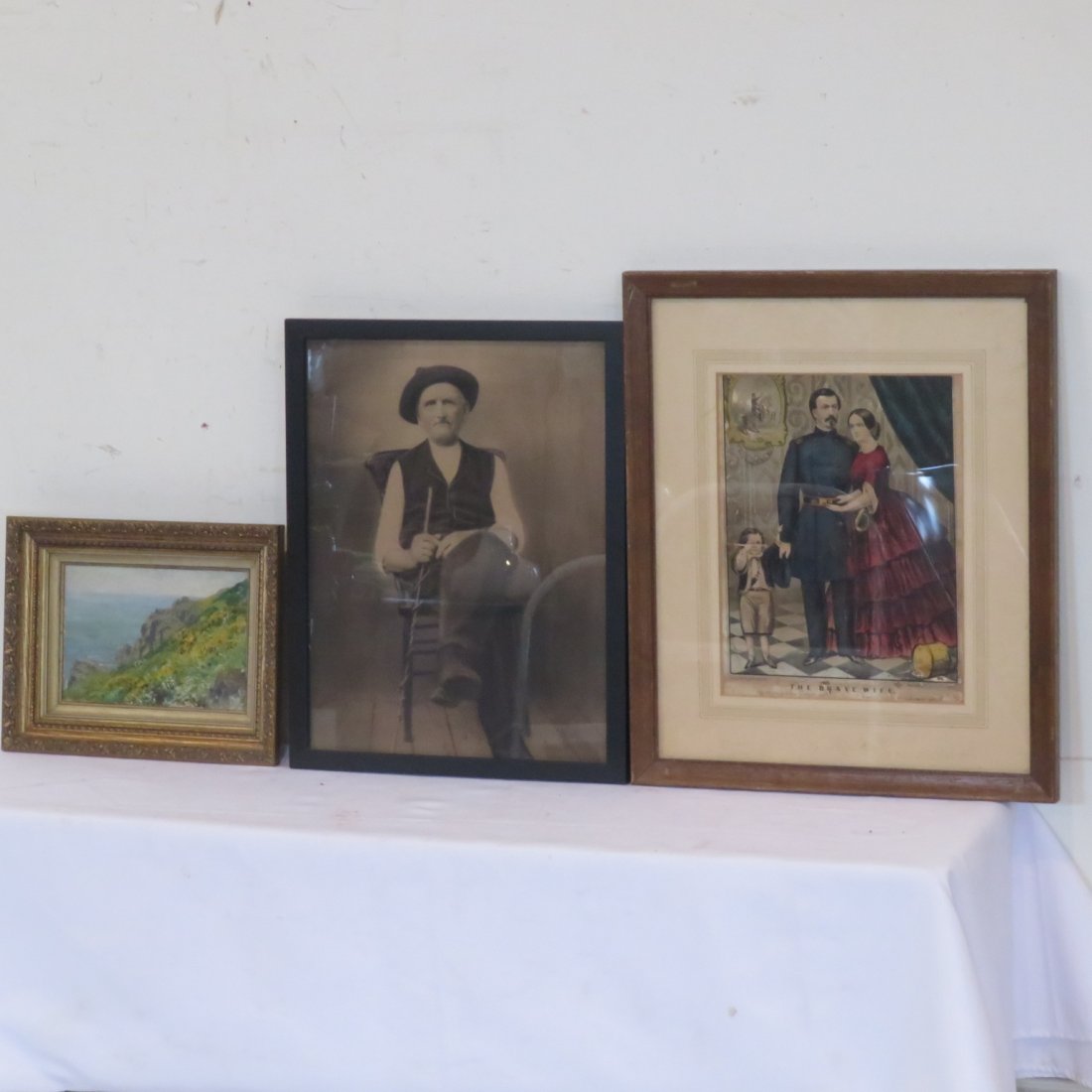 3 framed items, Currier & Ives, photo, and oil painting (1 of 5)