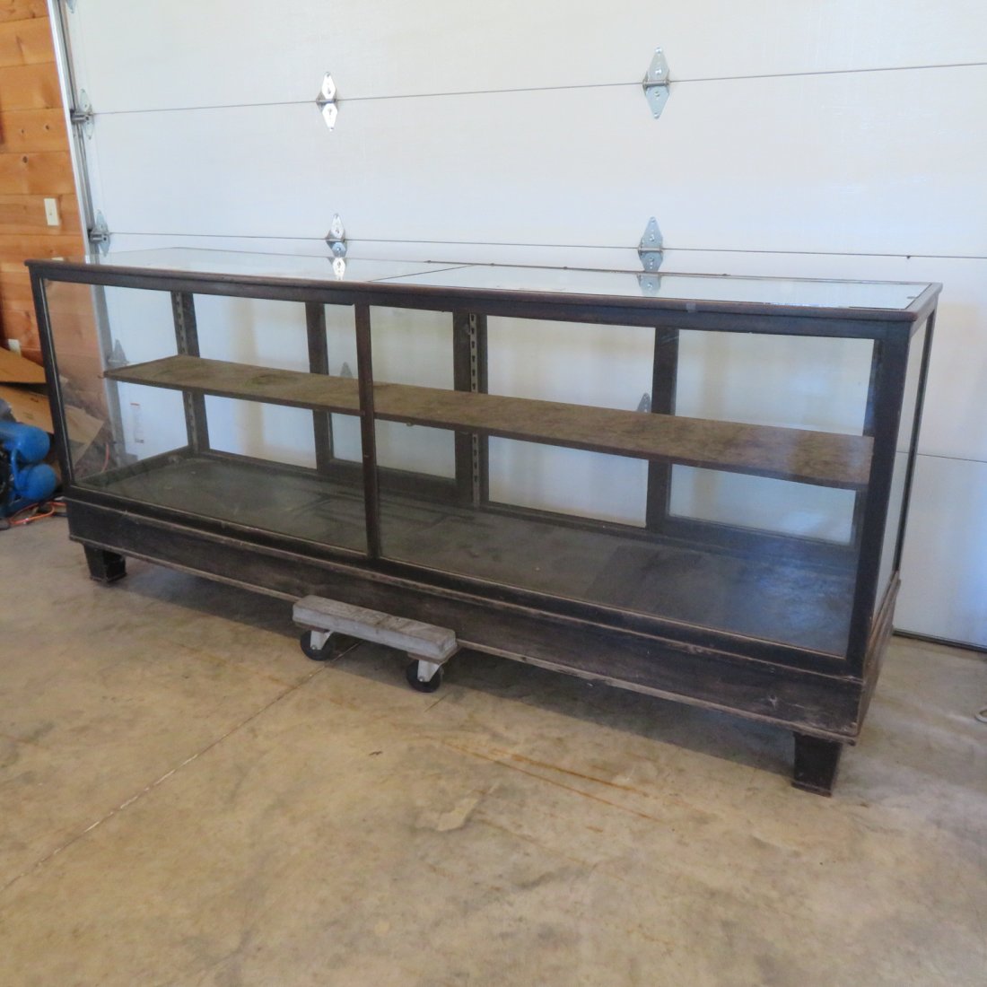 Oak 8 ft General Store showcase in worn black paint (1 of 4)