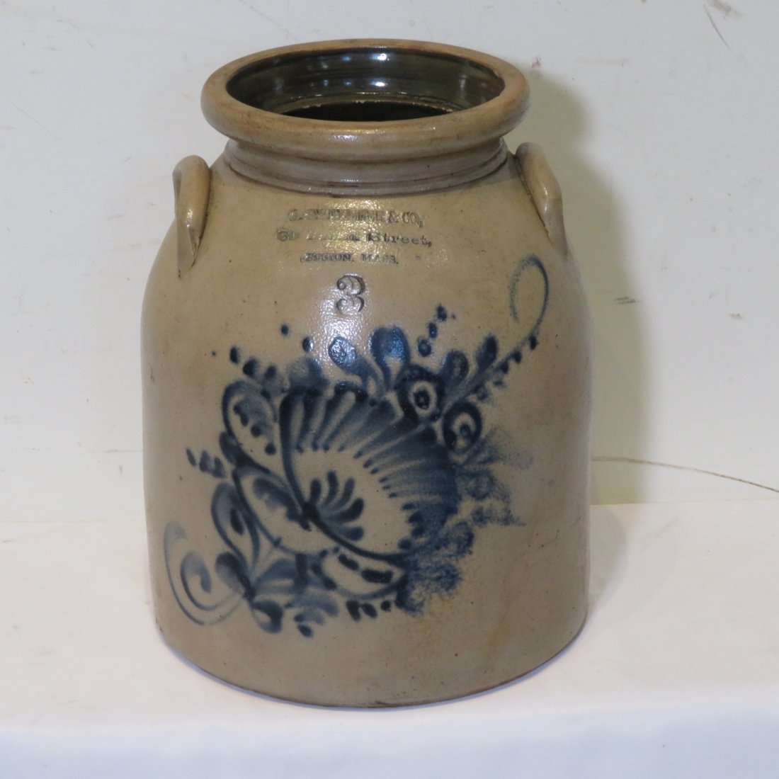 3 gal stoneware jar blue decorated marked Boston (1 of 4)