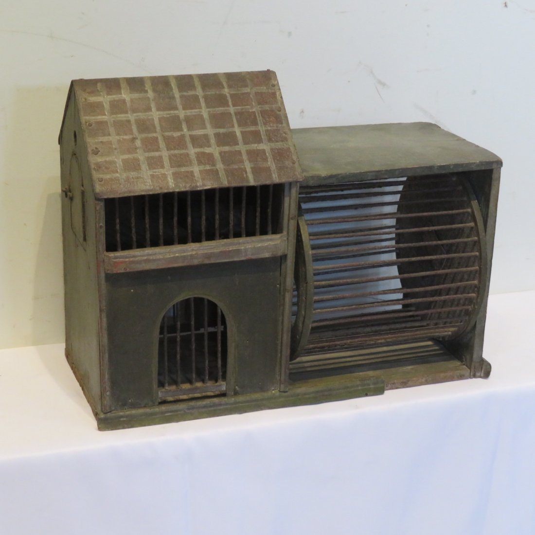 Tin and wood squirrel cage in old green paint (1 of 5)