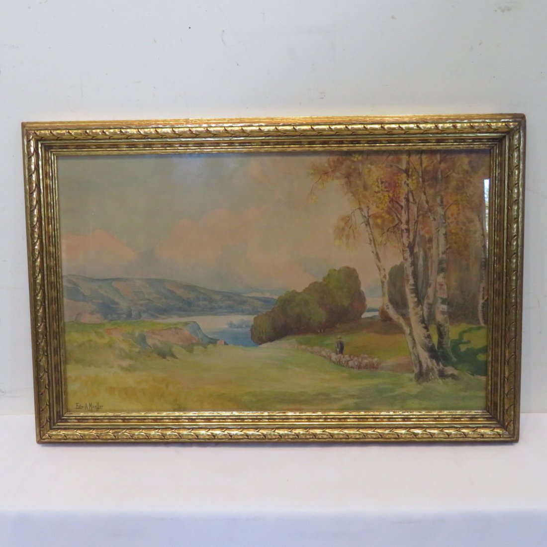Watercolor landscape signed by Edwin A. Mueller: Watercolor landscape painting with man and herd of sheep on paper signed by artist Edwin A. Mueller, 1953