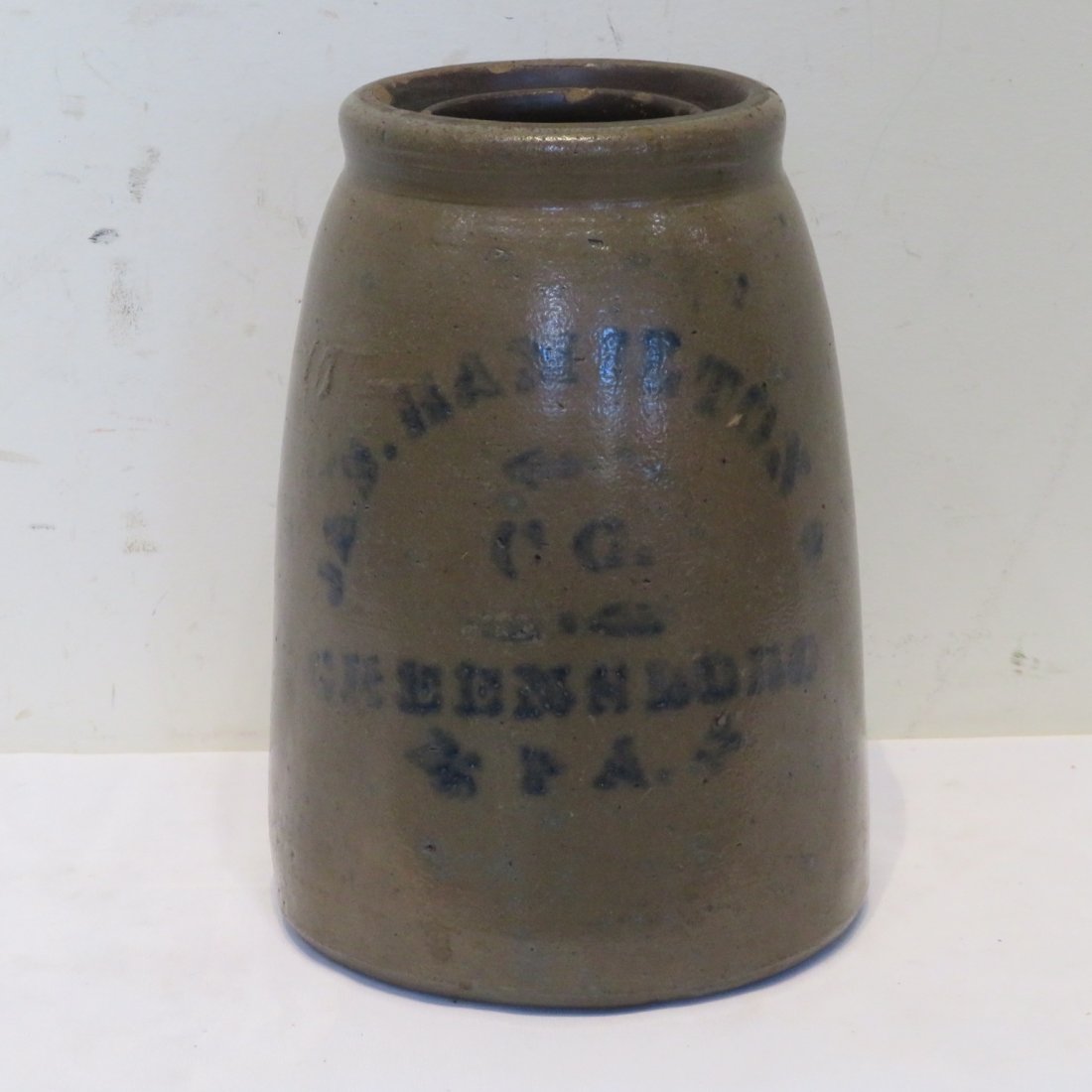 Jas. Hamilton & Co. stoneware wax sealer: Jas. Hamilton & Co., Greensboro, Pa. stoneware stenciled wax sealer, 10 3/4" t.