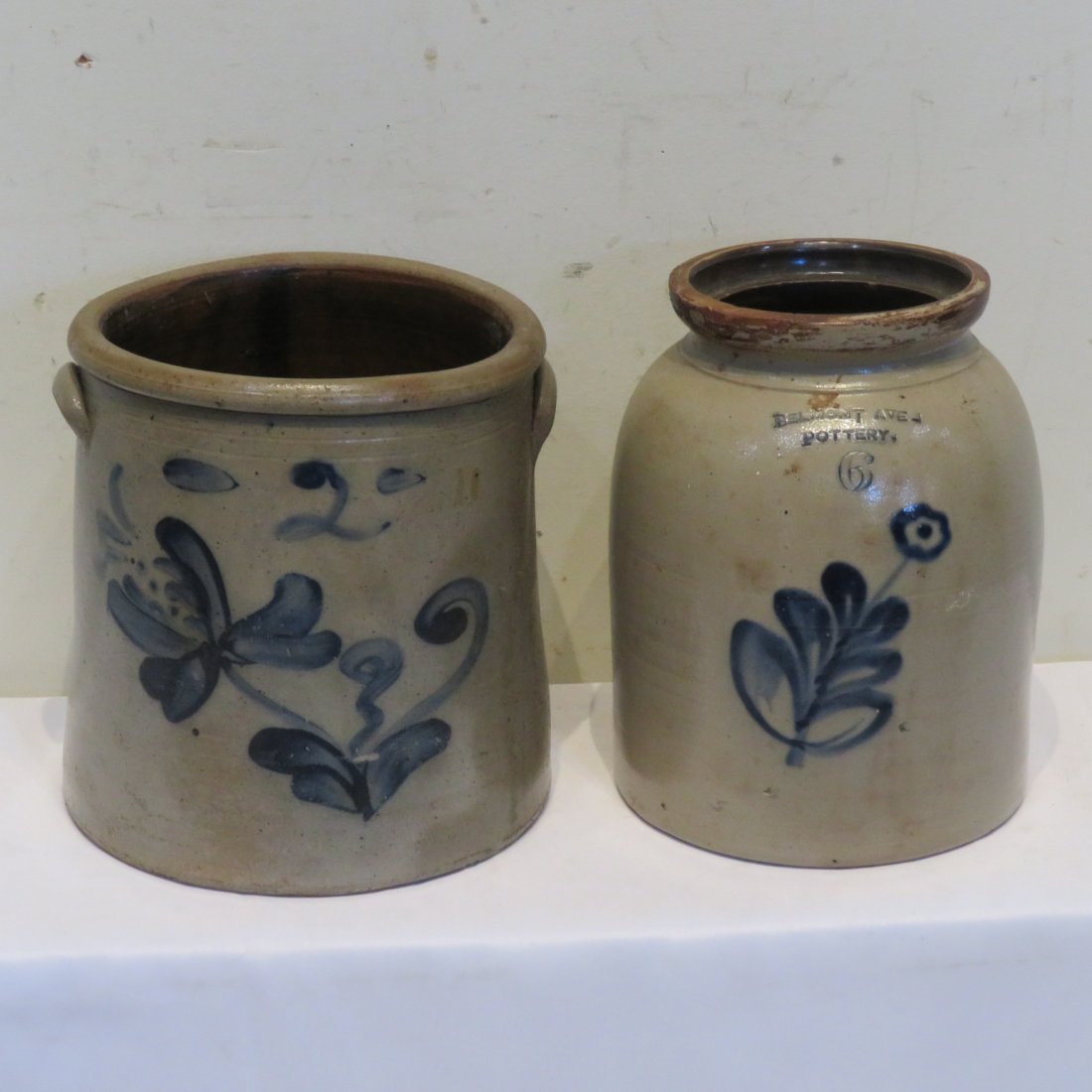 2 stoneware jars, 2 gal and 6 qt blue decorated (1 of 5)