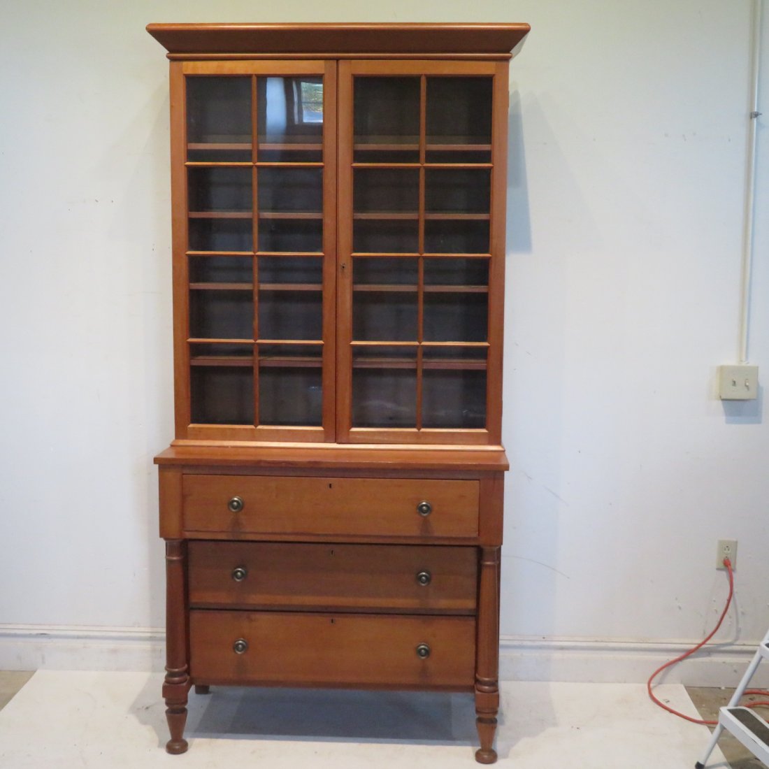 Ca 1850 cherry 2 part linen press w/16 glass panes (1 of 6)
