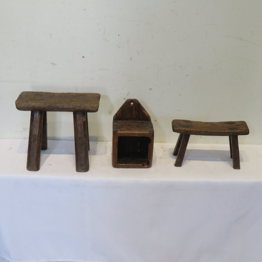 3 wooden items - 2 stools and one hanging box (1 of 7)