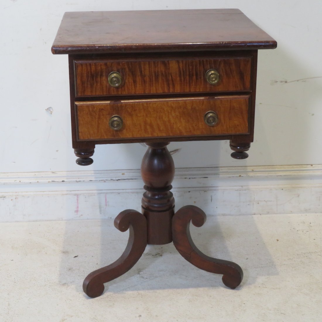 Ca 1850 cherry and tiger maple 2 drawer stand table (1 of 4)