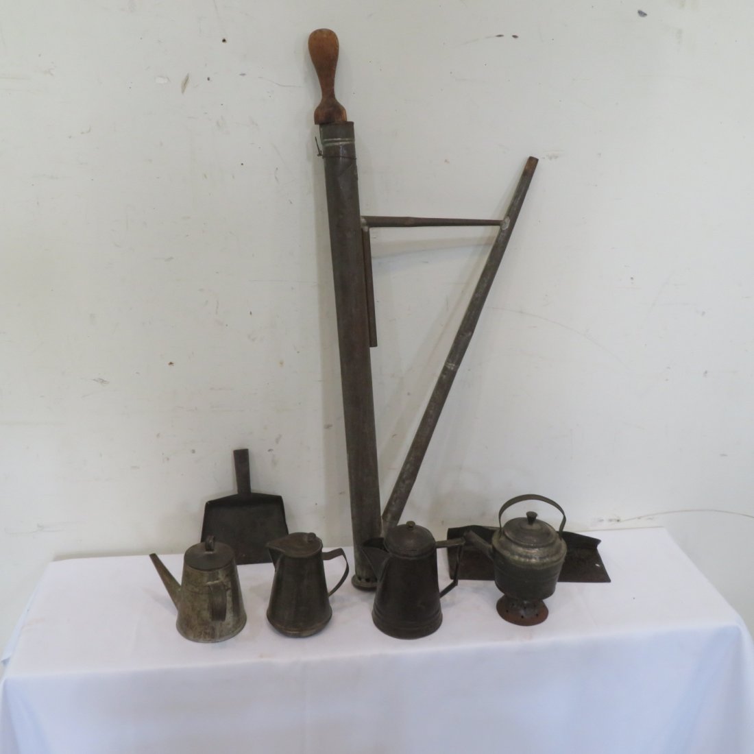 Group of 7 pcs of tin ware includes rare vinegar pump (1 of 5)
