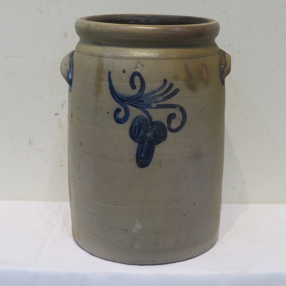 Unmarked 4 gal. stoneware jar with cobalt decoration (1 of 6)
