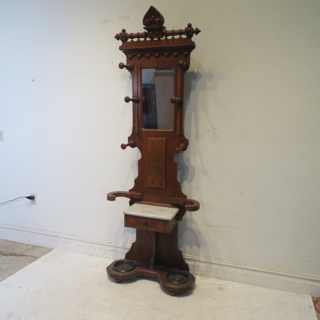 Walnut and burled walnut Victorian hall tree (1 of 6)