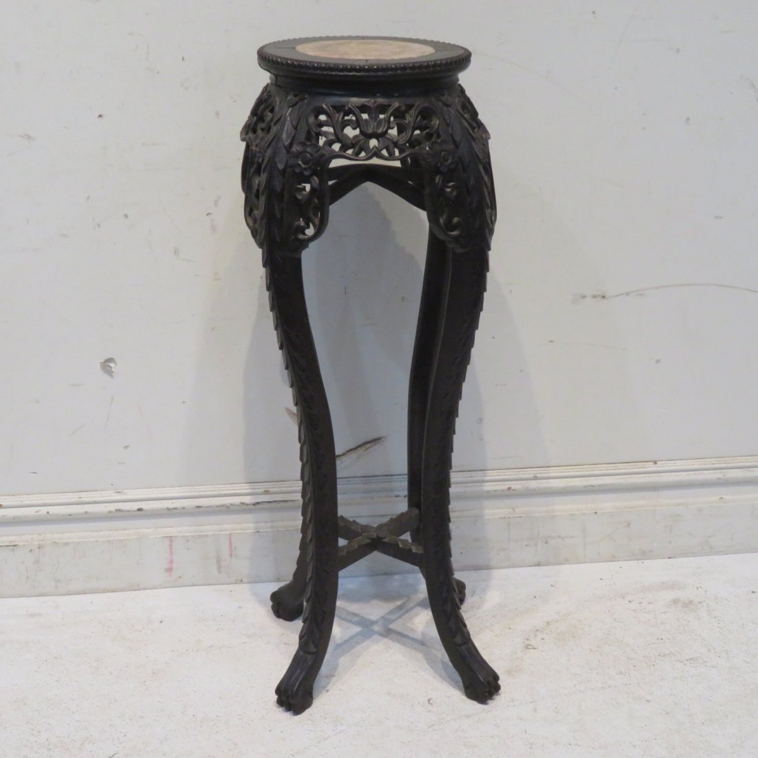 Chinese carved wood plant stand with rose marble top (1 of 4)