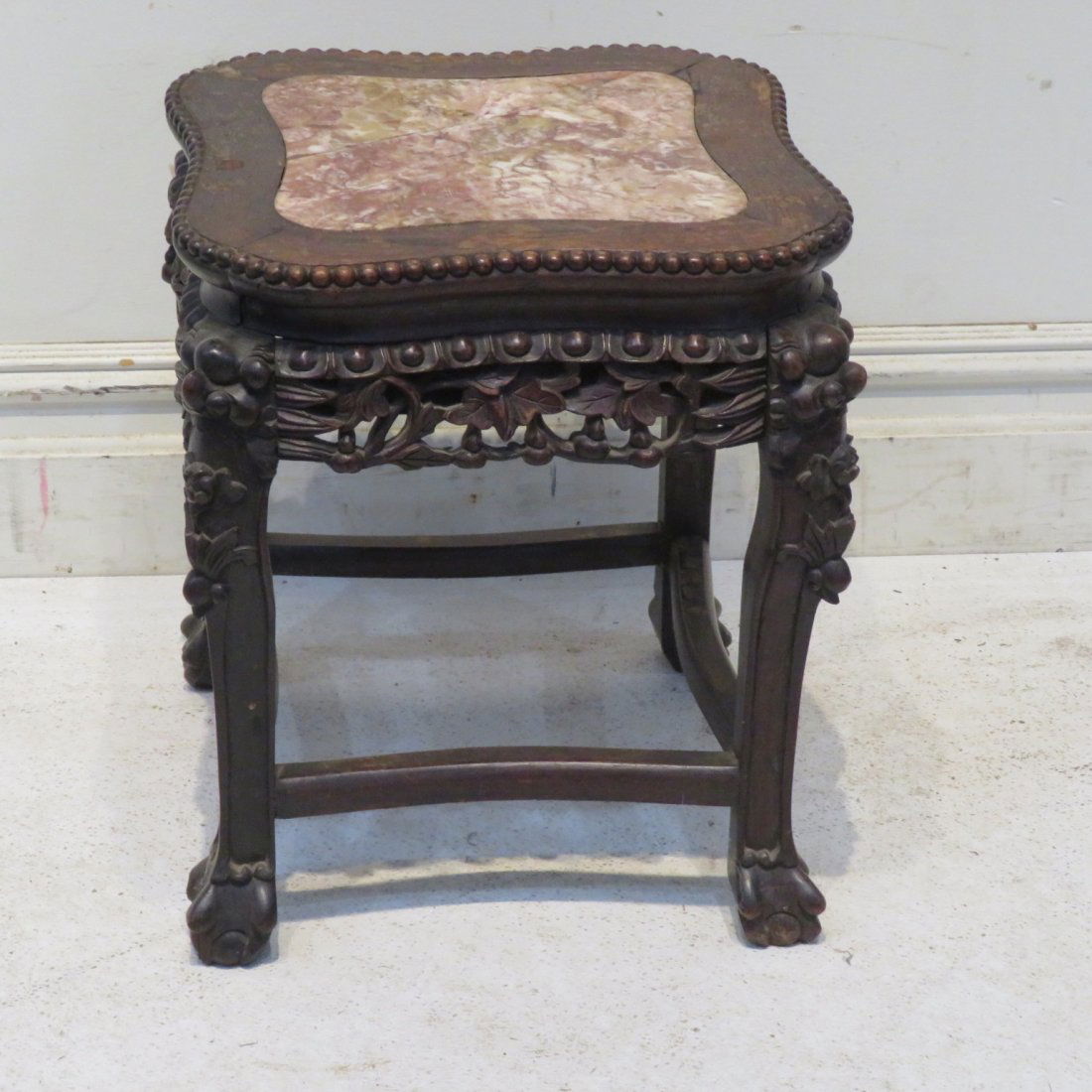 Chinese carved wood plant stand with rose marble top (1 of 6)