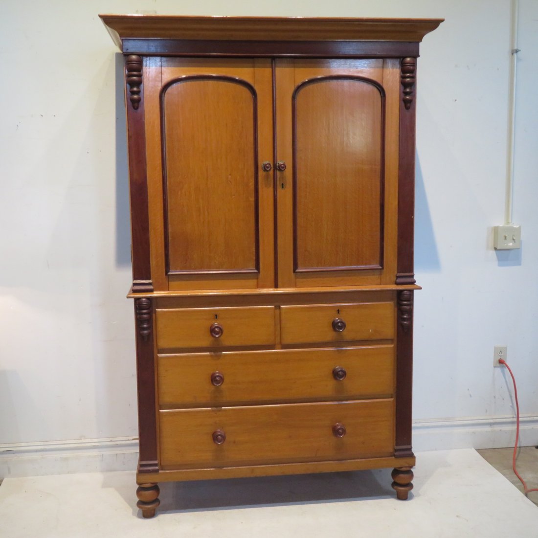 Ca 1840 oak with walnut trim linen press (1 of 9)