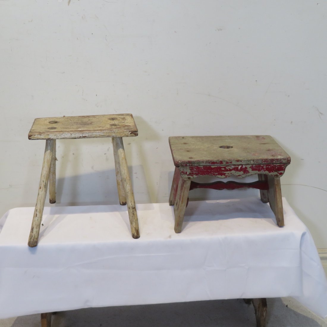 2 pine footstools in old paint (1 of 4)