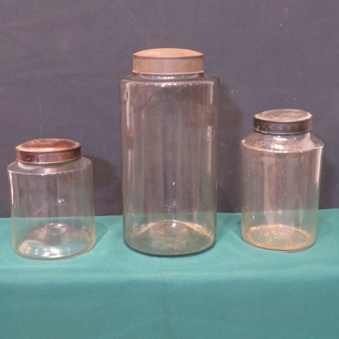 3 hand blown glass storage jars with metal lids (1 of 7)