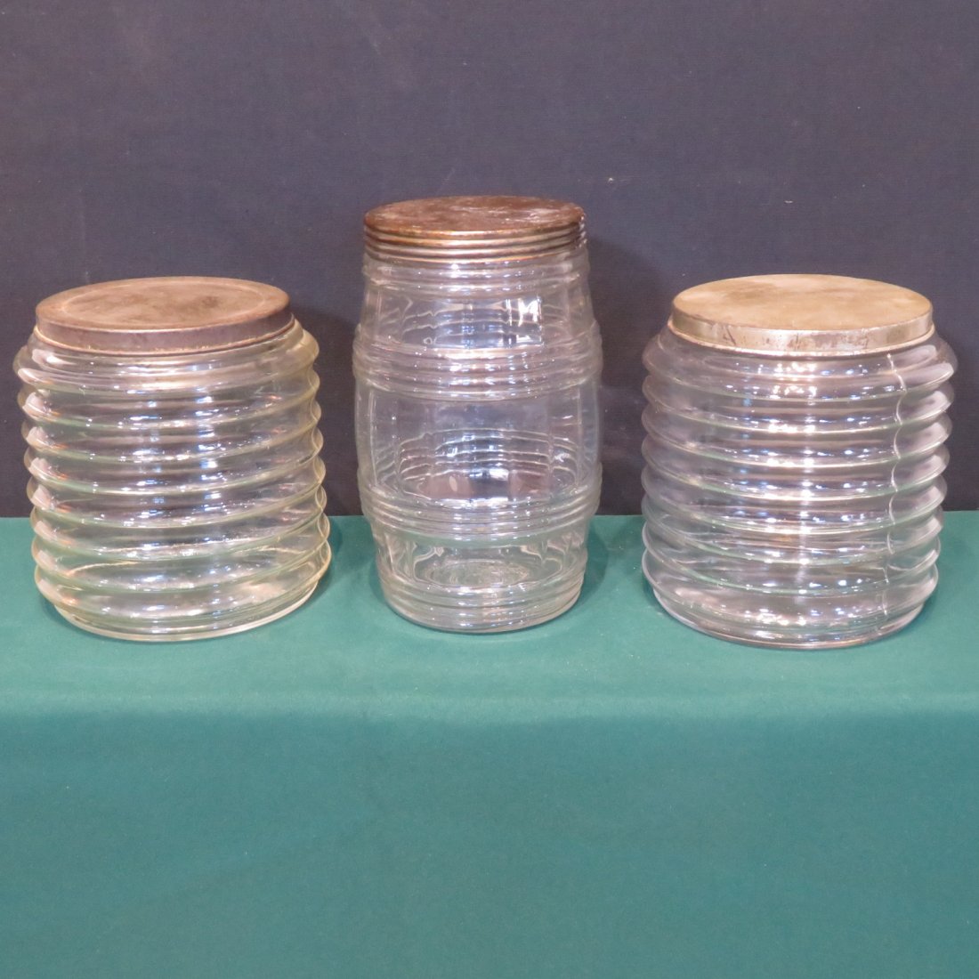 3 glass storage jars with tin lids (1 of 4)