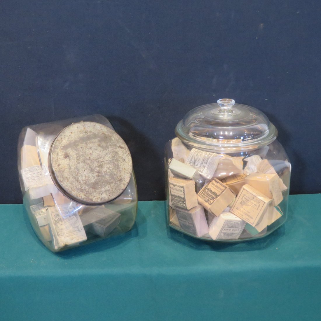 2 general store glass jars with old boxed herbs (1 of 4)