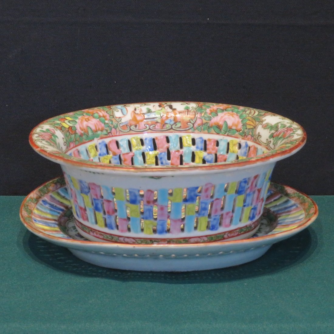 Rose medallion reticulated bowl with underplate (1 of 5)