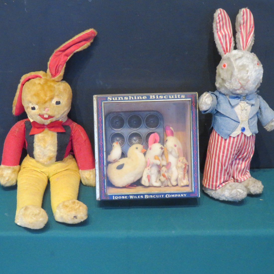 2 stuffed bunnies & 1 advertising box w/cotton animals (1 of 7)