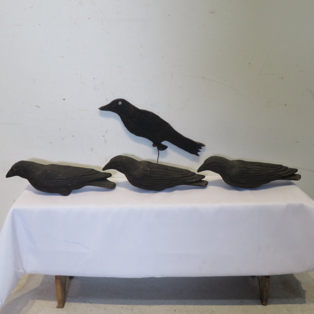 3 paper mache crow decoys & 1 wood silhouette crow (1 of 5)