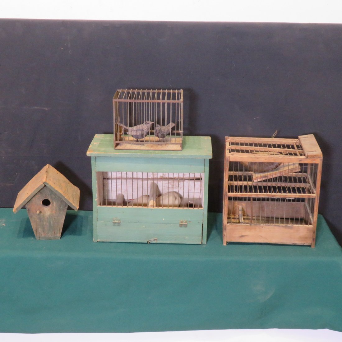 4 primitive bird items, 3 cages and 1 birdhouse (1 of 7)