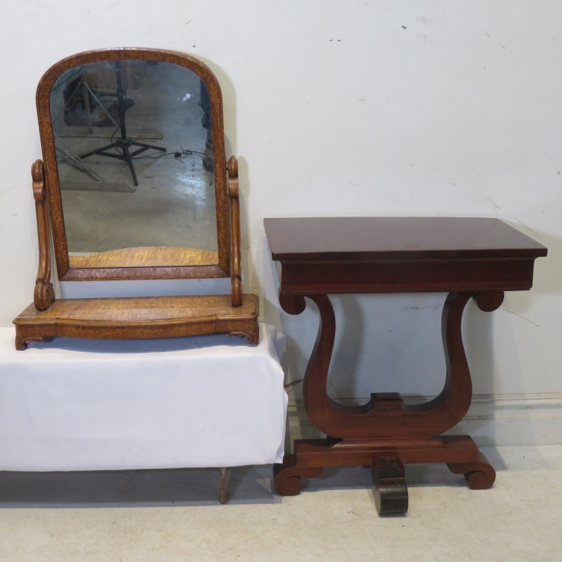 Mahogany empire table & wood dresser mirror: Mahogany empire hall table 29.75"H x 27"W x 16"D and wood dresser mirror in unique wood with original glass 33"H x 26"W x 11"D