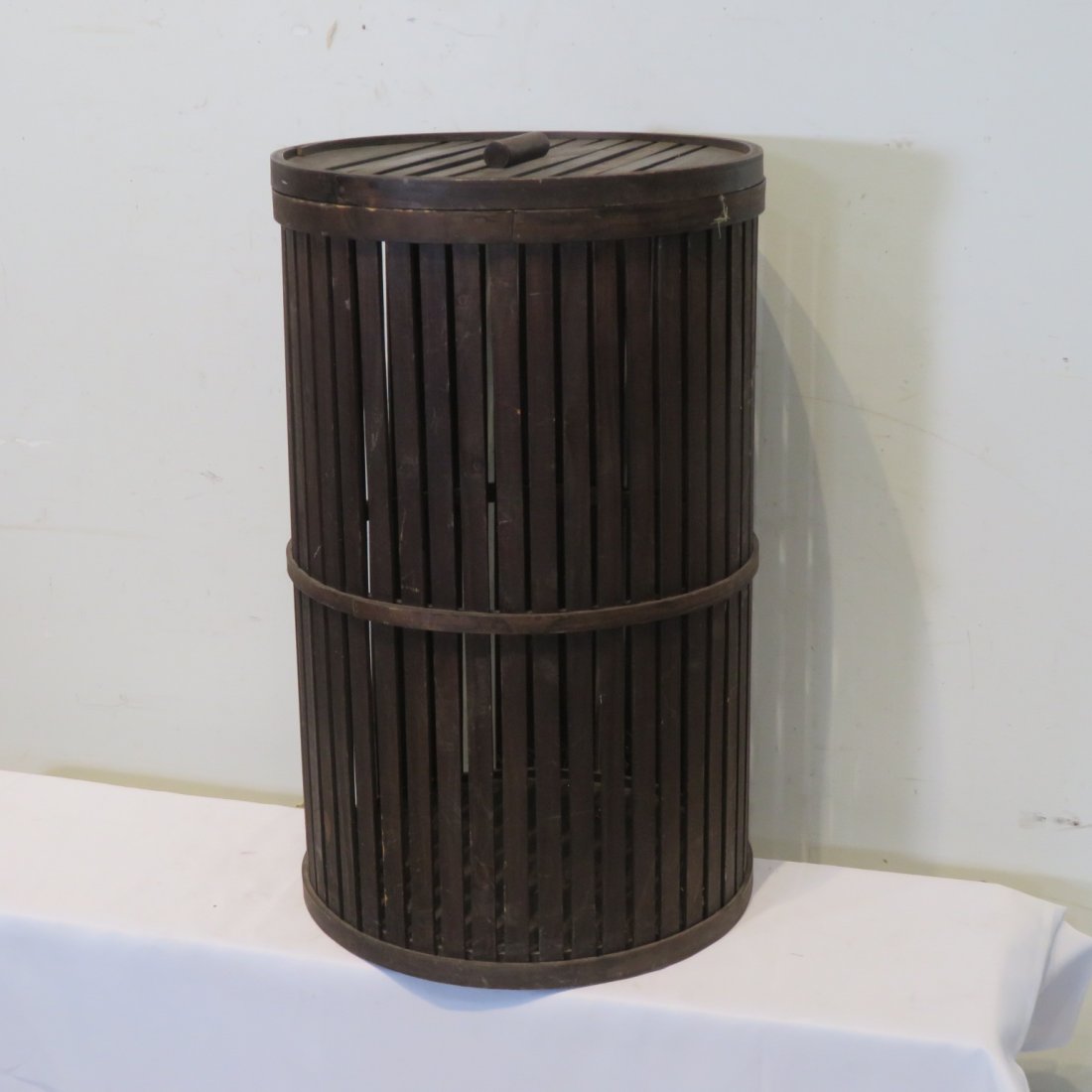 Wooden slat basket with original lid: Wooden slat basket with original lid in old natural surface, 26"H x 16"D