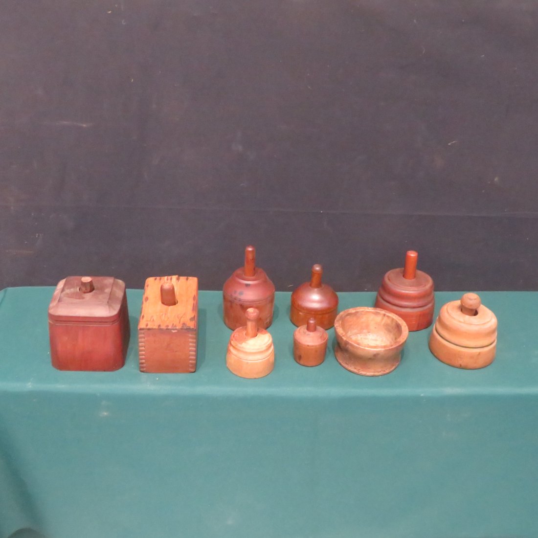 9 wood buttermolds: 9 wood buttermolds, various patterns and sizes, square cherry buttermold 5 1/2" x 4 1/4" square