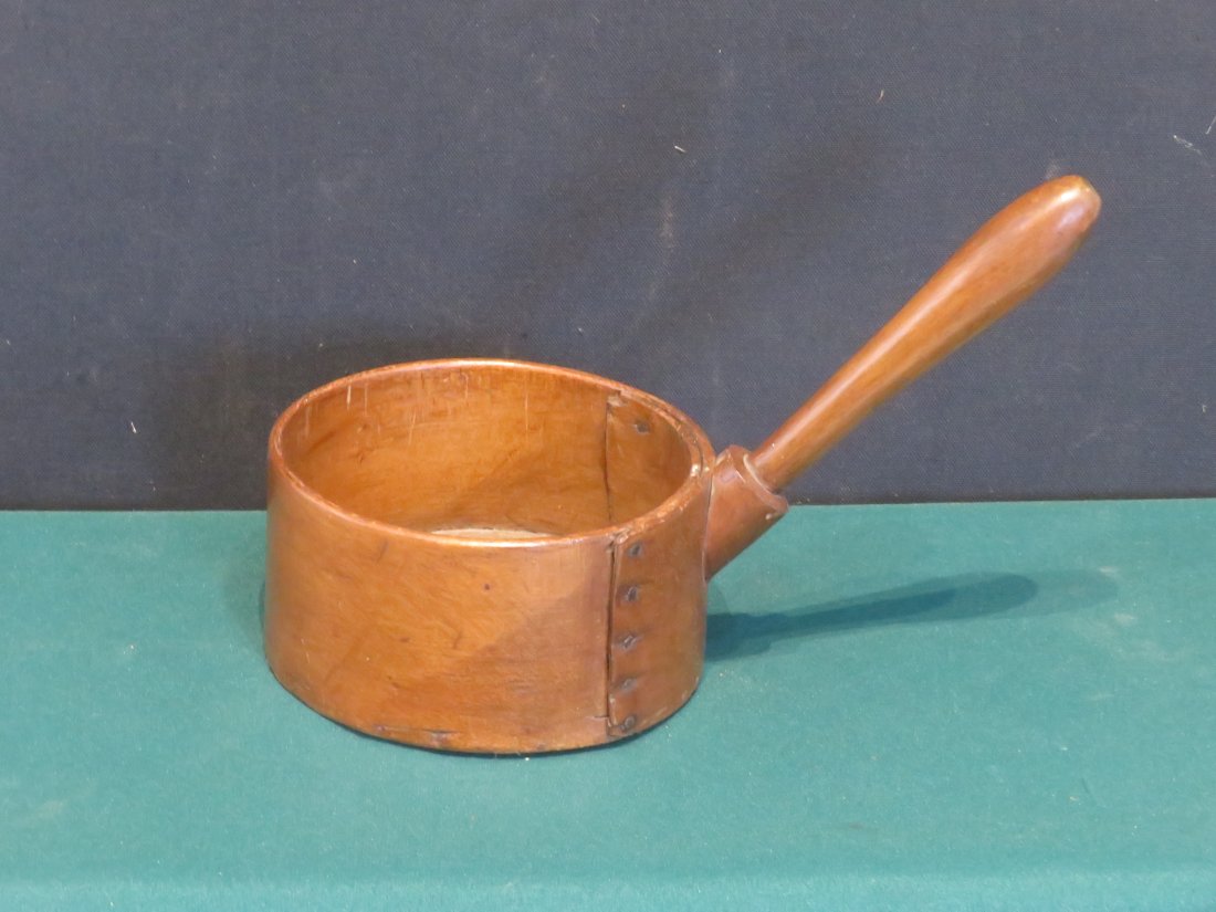 Shaker wood measure with handle: Shaker wood measure with handle, old original natural surface, bowl is 3.25"H x 6"D, handle is 6"L. Ex. Late Morris Ferguson Collection