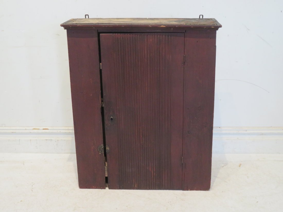 Pine hanging cupboard in original red paint (1 of 7)