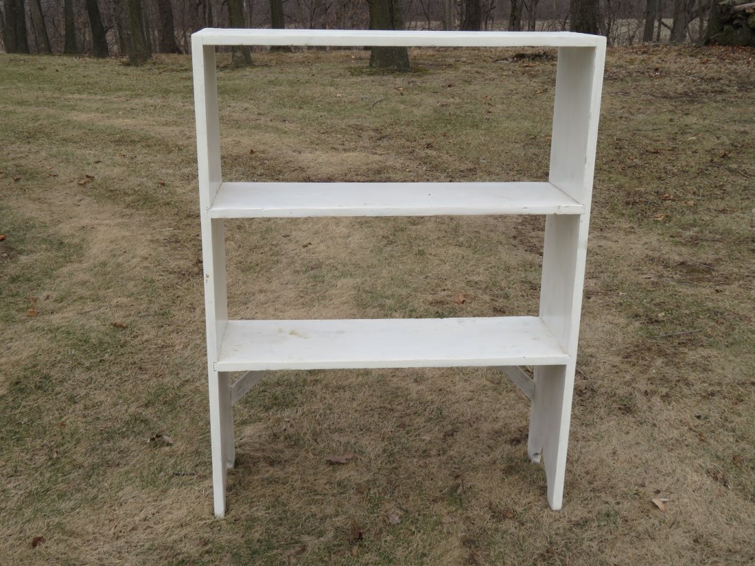 Pine crock bench in white paint: Pine crock bench in newer white paint, dovetailed case, shelves mortised into sides, 45"T x 34"W x 11"D
