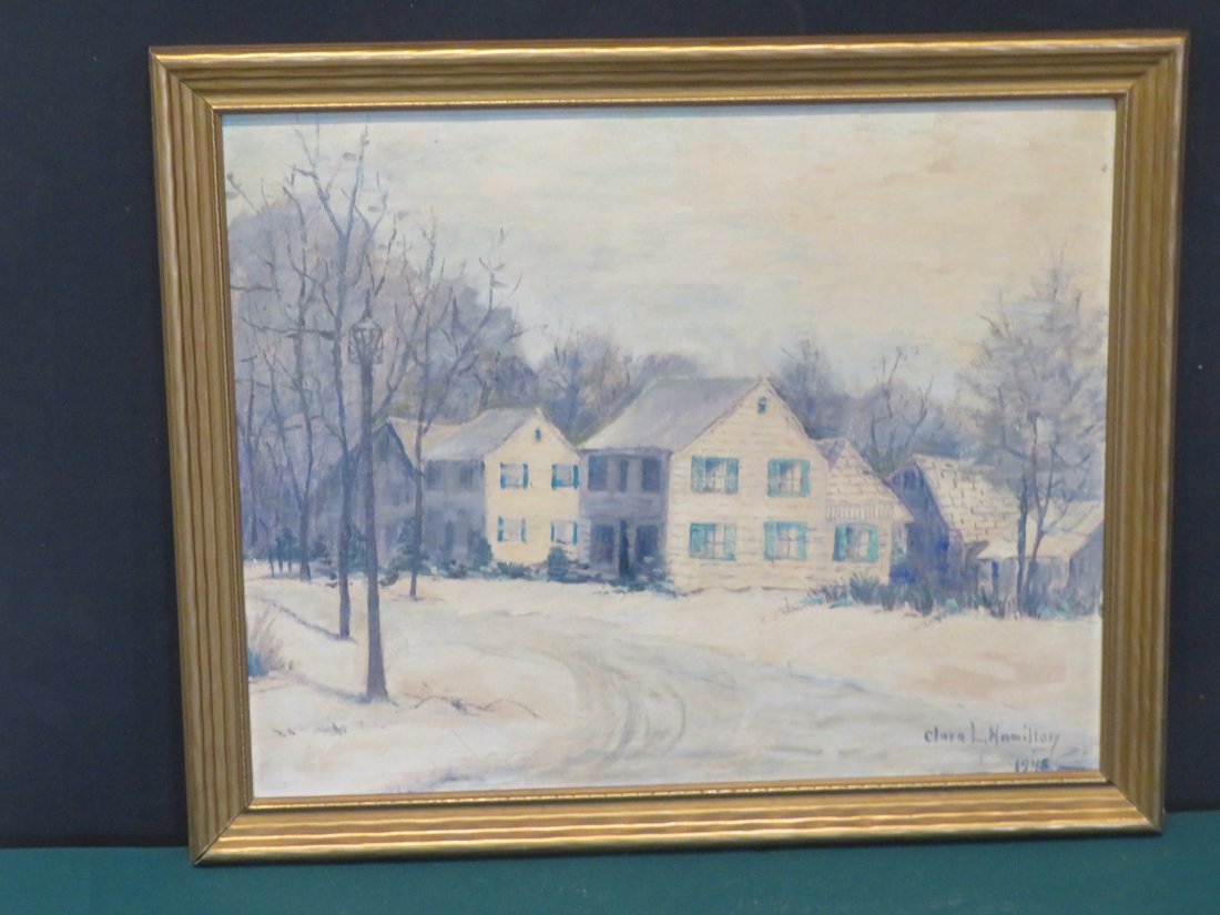 Oil on board painting of winter landscape: Oil on board painting of winter landscape signed by Clara Hamilton, dated 1948, in gold painted frame, 15.5"T x 19.5"W, frame is 1.5"W